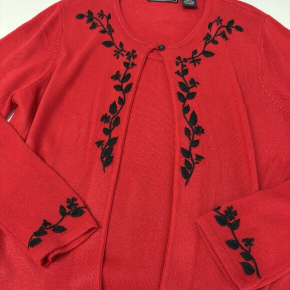 VTG Laura Scott Red Embroidered Cardigan & Tank One Piece Sweater Sz L Petite - Picture 2 of 8